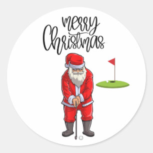 Sticker Rond Golf Joyeux Noël avec le Père Noël au drapeau