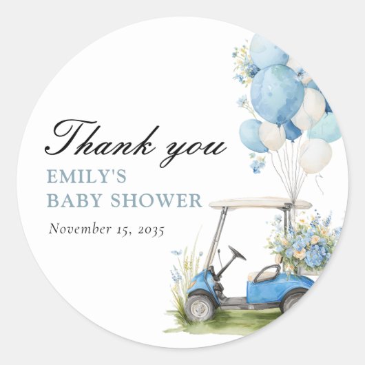 Sticker Rond Golf Let's Par-tee Boy Baby Shower (Devant)