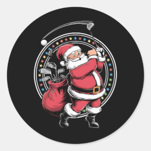 Sticker Rond Golf Oh Noël Père Noël Vintage Golfer Golfi