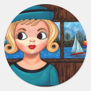 Sticker Rond Googly Girl Sailor Head Vase Bateau à voile