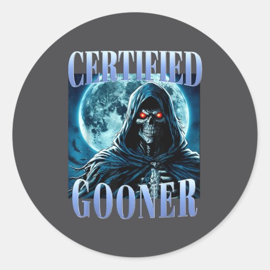 Sticker Rond Goon Funny Gooning Meme Skeleton Certified Gooner (Devant)