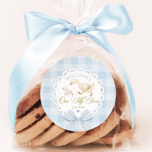 Sticker Rond Goose 1st Birthday Blue gingham One Silly Goose