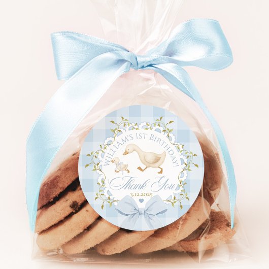 Sticker Rond Goose Birthday Blue Gingham Thank you