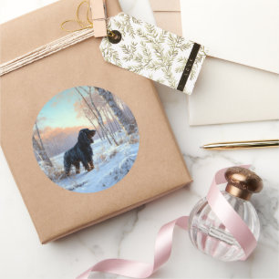 Sticker Rond Gordon Setter Laisse Il Neige Noël