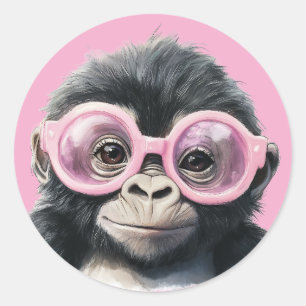 Sticker Rond Gorilla avec lunettes roses clair Pinceau BG