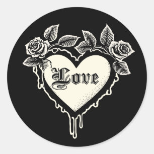 Sticker Rond Goth Coeur avec Roses et gouttes