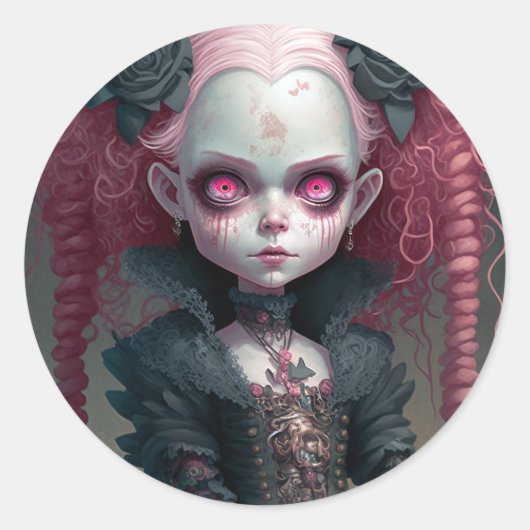 Sticker Rond Goth Girl Rose Noir Déplaisant mignon (Devant)