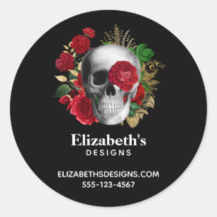 Sticker Rond Goth Skull avec Fleurs rouges Business