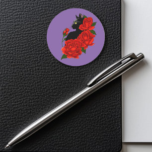 Sticker Rond Gothique Chat Noir Roses Rouges Violet