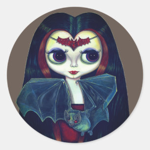 Sticker Rond Gothique fille vampire avec chauve-souris gros yeu