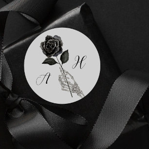 Sticker Rond Gothique Halloween Mariage noir squelette Rose mai