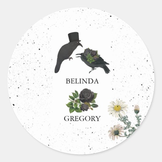 Sticker Rond Gothique Halloween noir Rose Corbeaux Mariage (Devant)