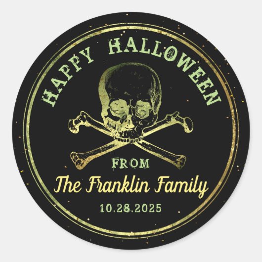 Sticker Rond Gothique Noir & Or Crâne Joyeux Halloween (Devant)