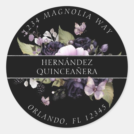 Sticker Rond Gothique violet et noir Moody Florals Quinceañera (Devant)