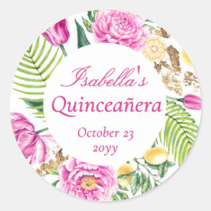Sticker Rond Gouache Florale Roses Pivoines Citrons Quinceañera