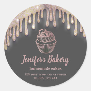 Sticker Rond gouttes d'or rose cupcakes et sucreries faits mais