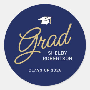 Sticker Rond Grad Moderne Script Marine Bleu Graduation