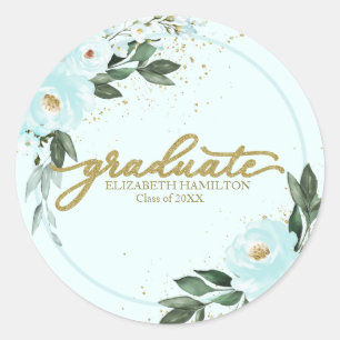 Sticker Rond Graduate Gold Turquoise Floral Graduation Party