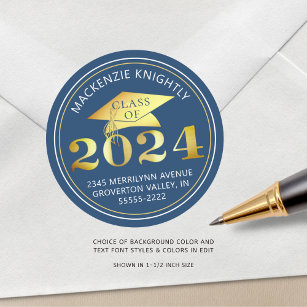 Sticker Rond Graduation 2024 Blue Faux Gold Foil Adresse