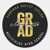 Sticker Rond Graduation 2025 Bold GRAD Gold & Black Stylish (Devant)