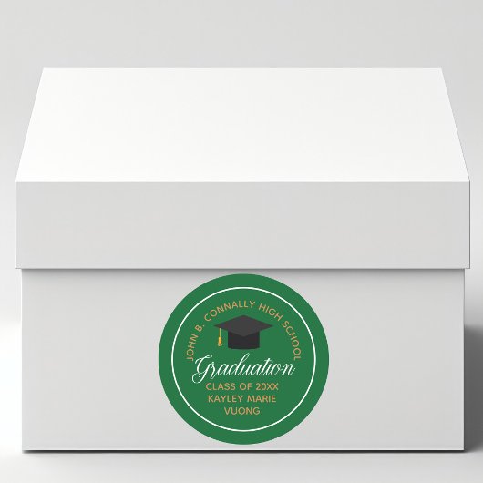 Sticker Rond Graduation 2025 Green Gold Custom School Party