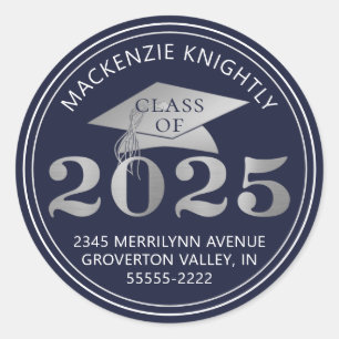 Sticker Rond Graduation 2025 Marine Faux Argent Adresse de reto