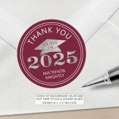 Sticker Rond Graduation 2025 Merci Maroon Faux Silver Foil