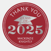 Sticker Rond Graduation 2025 Merci Rouge Faux Silver Foil (Devant)