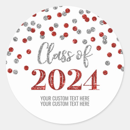 Sticker Rond Graduation Argent Rouge Confetti 2024 (Devant)