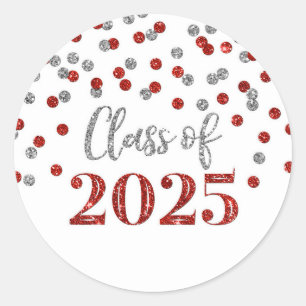 Sticker Rond Graduation Argent Rouge Confetti 2025