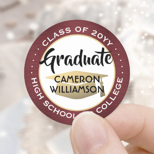 Sticker Rond Graduation Brossé Bourgogne, Blanc & Or Élégant