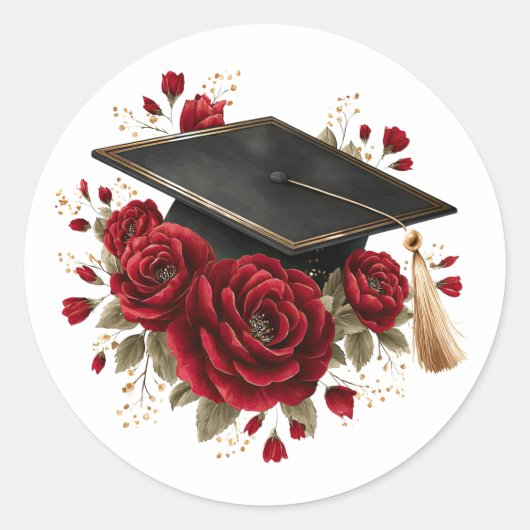 Sticker Rond Graduation Cap with Red Roses Celebration Design (Devant)