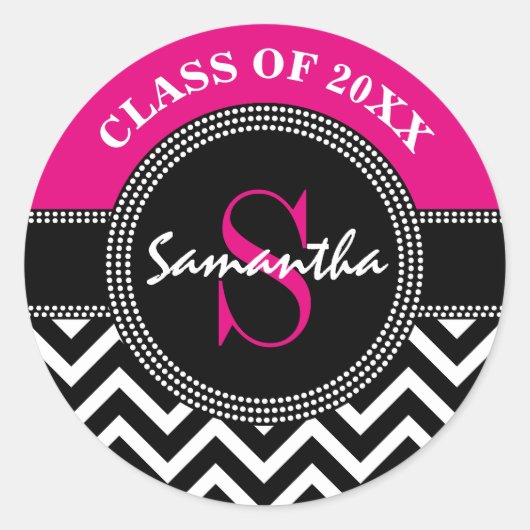 Sticker Rond Graduation Chevron Monogramme rose et noir chaud (Devant)