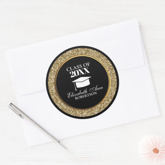 Sticker Rond Graduation Classy Black et Gold Glittery (Enveloppe)