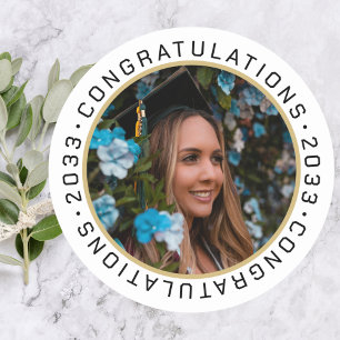 Sticker Rond Graduation Elegant Gold Black Photo personnalisée