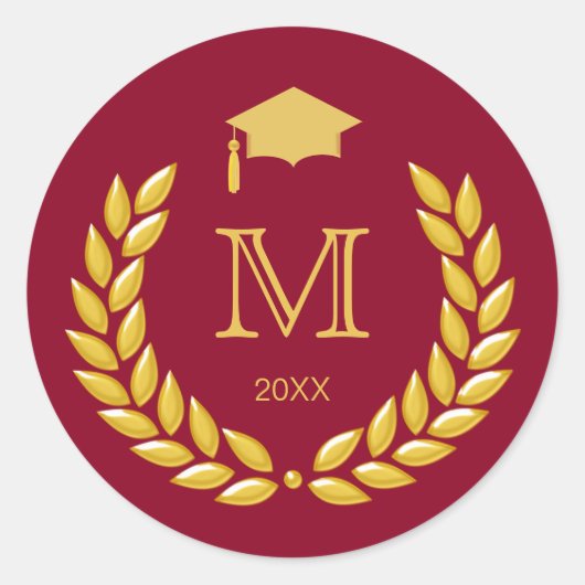 Sticker Rond Graduation Monogram Gold Laurel sur Maroon (Devant)