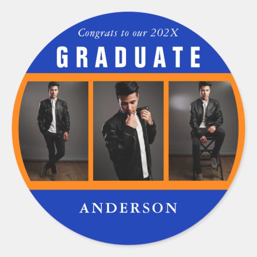 Sticker Rond Graduation Photo Collage Orange et Bleu Custom (Devant)