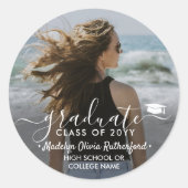 Sticker Rond Graduation Photo & Elegant White Script Classe Ann (Devant)