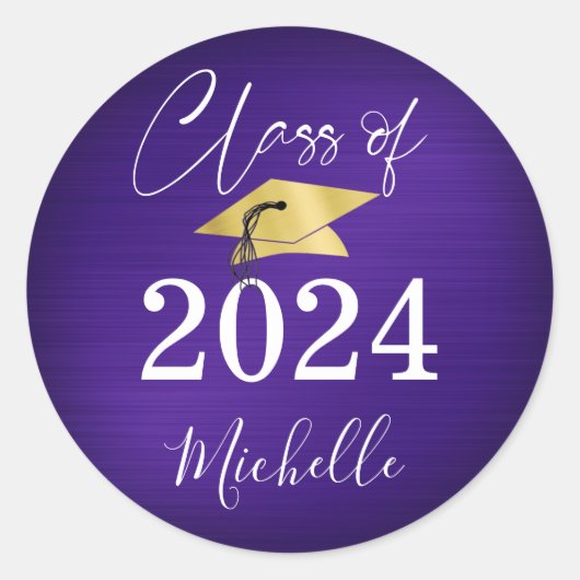 Sticker Rond Graduation Purple Gold Casquette Script Faux Metal (Devant)