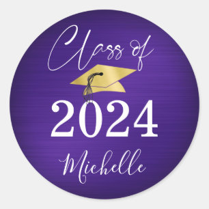 Sticker Rond Graduation Purple Gold Casquette Script Faux Metal