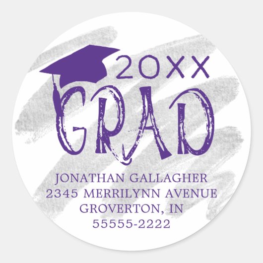Sticker Rond Graduation Purple Silver Grad Adresse de retour (Devant)