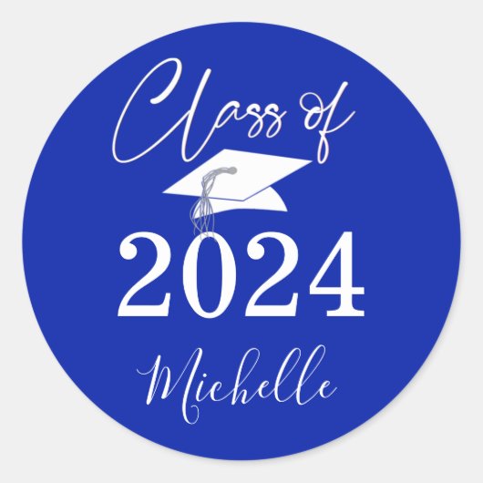 Sticker Rond Graduation Royal Blue Script Classe Année (Devant)