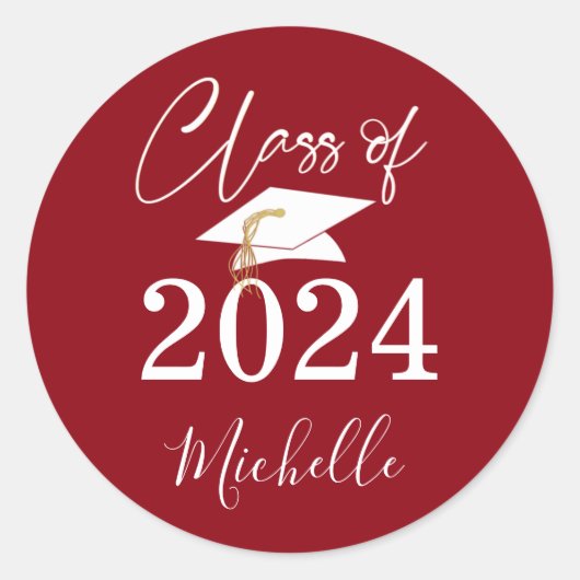 Sticker Rond Graduation Script Classe de 2024 Rouge Blanc (Devant)