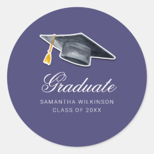 Sticker Rond Graduation Tassel Script Purple