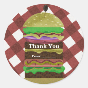 Sticker Rond Grand Hamburger Gras Barbecue d'Été Rouge Fête de