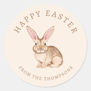 Sticker Rond Grand Lapin aux Oreilles en Aquarelle Beige Joyeus