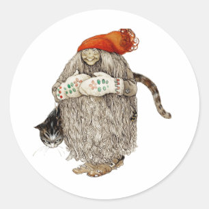 Sticker Rond Grand-mère Noël Tombeau avec chat gris