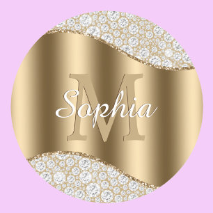 Sticker Rond Grand Monogramme en Or, Nom en Écriture Blanche, D