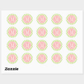 Sticker Rond Grand Pois vert et rose clair Monogramme (Feuille)