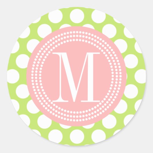 Sticker Rond Grand Pois vert et rose clair Monogramme (Devant)